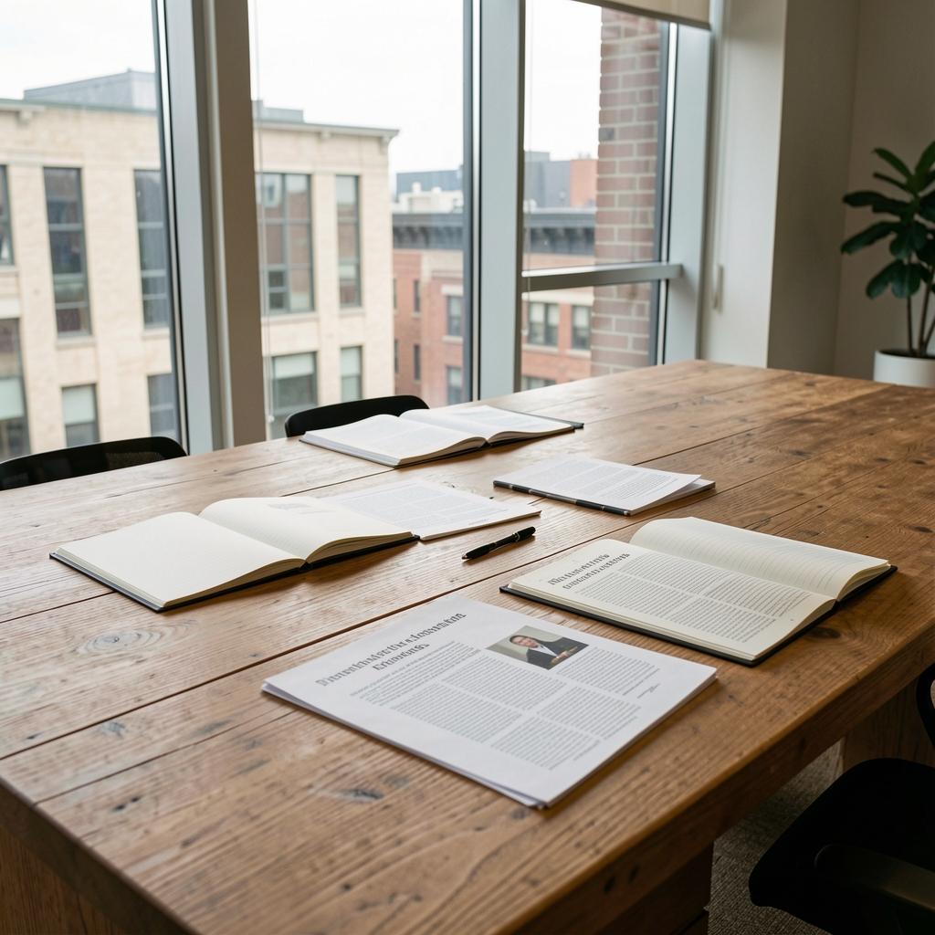 Talrun Journal editorial office interior with large windows, natural daylight, open notebooks and printed article pages arranged on a wide wooden desk