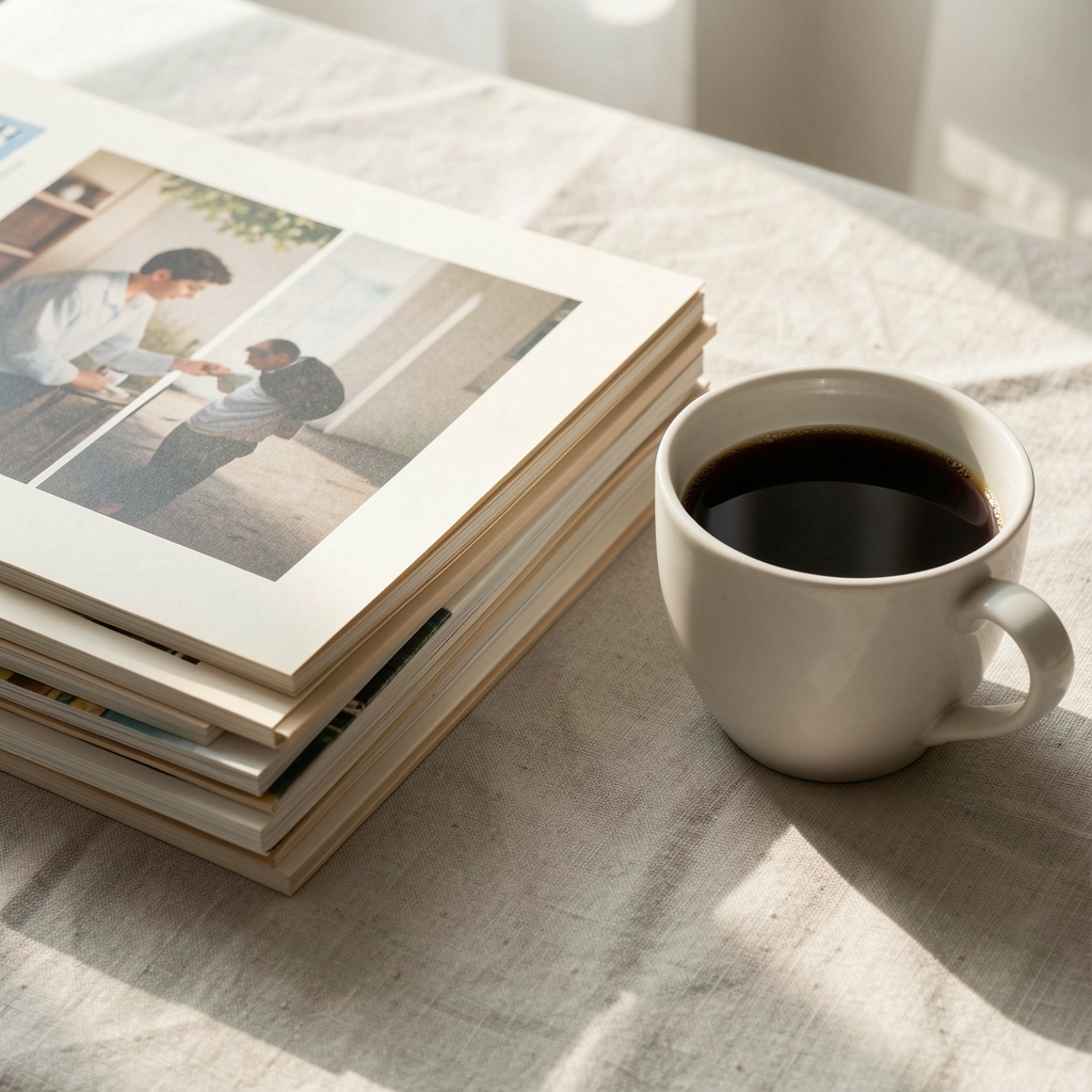 Stacked back issues of Talrun Journal printed on uncoated paper beside a cup of black coffee on a pale linen surface in morning light