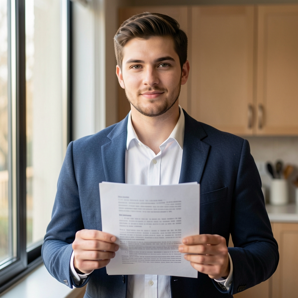 Portrait of Tobias Marsden, senior writer at Talrun Journal, standing by a kitchen window with morning light, holding a printed article draft