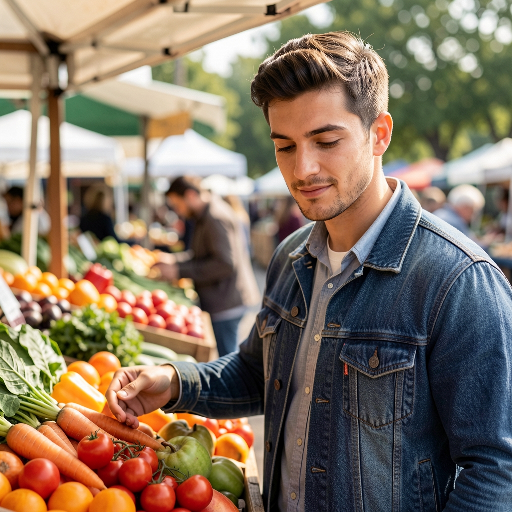 Portrait of Harriet Linwood, contributing writer at Talrun Journal, at a farmers market stall examining fresh seasonal produce in natural outdoor light