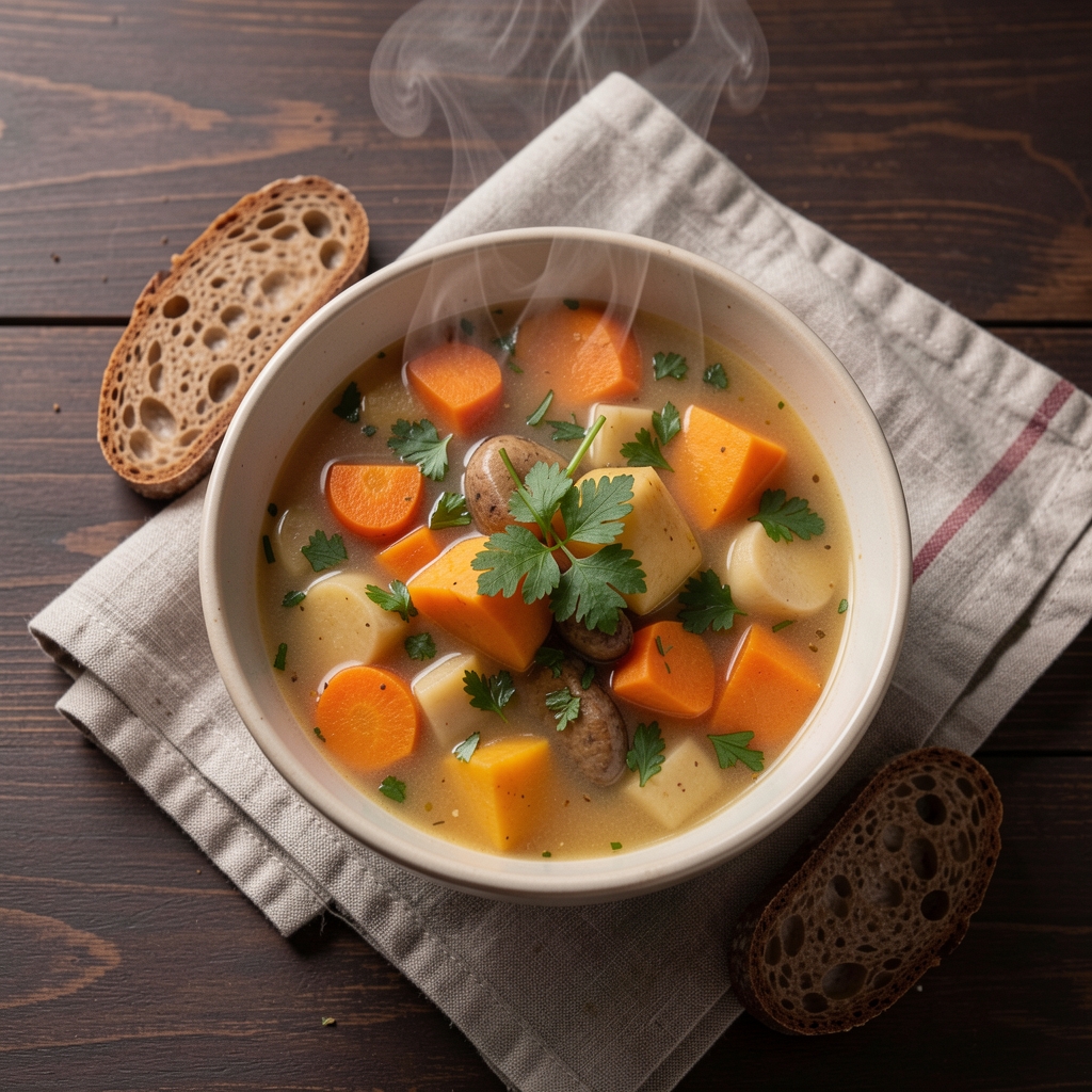 Steaming bowl of homemade vegetable soup with seasonal root vegetables, fresh herbs, and a slice of whole grain bread on a linen cloth, photographed from above on a dark wooden surface