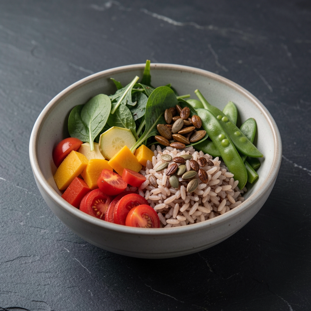 Freshly prepared balanced meal bowl with seasonal vegetables, brown rice, leafy greens, and roasted seeds on a dark stone surface with natural side lighting