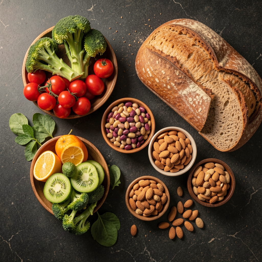 Overhead arrangement of whole food ingredients including fresh vegetables, legumes in small bowls, whole grain bread, and nuts laid out on a dark kitchen worktop under controlled warm lighting